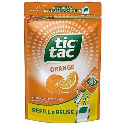 Tic Tac Resealable Refill Bag, Bulk 17.2 Oz, Orange Flavored Mints, On-The-Go Refreshment, Includes Empty Refillable Pack