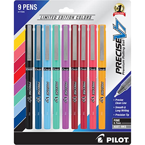 Pilot, Precise V7, Capped Liquid Ink Rolling Ball Pens, Fine Point 0.7 mm, Limited Edition Assorted Colors, Pack of 9