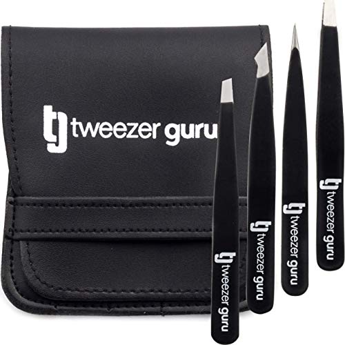 Tweezer Guru Eyebrow Tweezer Set (4-Piece) for Women & Men - Professional Slant and Pointed Tweezers Set with Case - Precision Tweezers Kit for Facial Hair, Splinter and Ingrown Hair Removal