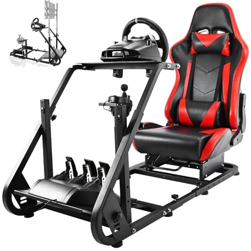 Hottoby Adjustable Sim Racing Cockpit with Red Seat Mountable Monitor Stand Fit for Logitech/Thrustmaster/Fanatec G920 G923 G29 Frame Double Arm Reinforcement No Steering Wheel,Pedal,Handbrake