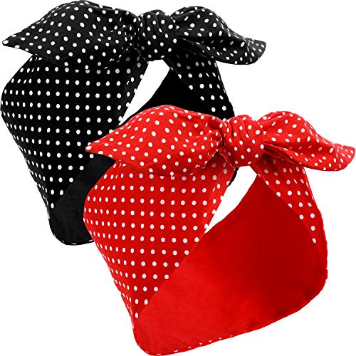 2 Pieces Polka Dot Headband Bandana Headband 50s Costume Hair Accessories Bows Wide Headwrap for Women and Girls (Red, Black,Small Dots)