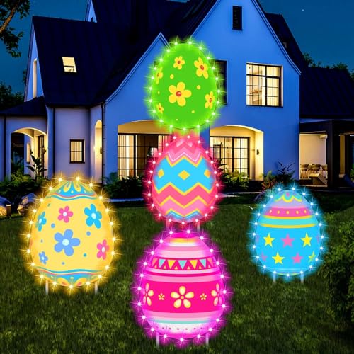 5 pcs Glow Easter Yard Signs Outdoor Lawn Decorations with Stakes, Large Easter Egg Yard Signs Decor, LED String Light Decorative