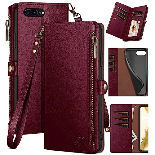 XcaseBar for iPhone 7Plus/8 Plus 5.5' Wallet case with Zipper Credit Card Holder【RFID Blocking】, Flip Folio Book PU Leather Phone case Shockproof Cover Women Men for Apple 7 Plus case Wine Red