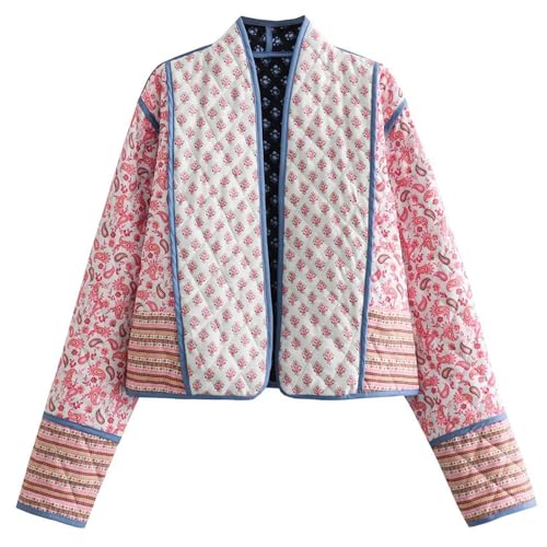Wyeysyt Women's Cropped Puffer Quilted Jacket Cardigan Floral Printed Lightweight Long Sleeve Open Front Short Padded Coats(Pink-S)