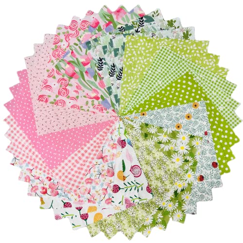 Spring Floral Fabric Squares 10x10, Layer Cake Fabric for Quilting 10 inch, Precut Fabric for Quilting Patchwork Crafting Green Pink(42Pcs)