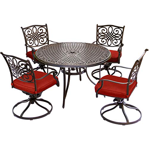 Hanover Traditions 5-Piece Patio Dining Set with Rust Resistant 48'' Round Dining Table and 4 Swivel Rocker Chairs with Plush Weather Resistant Autumn Berry Red Cushions, Modern Outdoor Dining Set