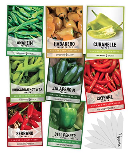 Gardeners Basics, Pepper Seeds for Planting 8 Varieties Pack, Jalapeno, Habanero, Bell Pepper, Cayenne, Hungarian Hot Wax, Anaheim, Serrano, Cubanelle Heirloom Seeds for Planting in Garden Non GMO