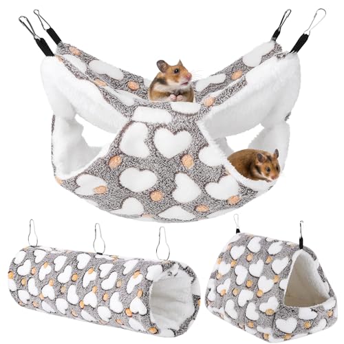 Tiibot 3 Pieces Small Pet Cage Accessories Small Pet Cage Hammock Hanging Tunnel and Bed Hideout Set Guinea Pig Cage Bedding Hanging Bed Cage and Hideout Tunnel for Hamster Squirrel Rabbit