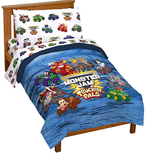 Jay Franco Monster Jam Truckin' Pals 4 Piece Toddler Bed Set - Includes Comforter & Sheet Set - Bedding Features Grave Digger & Megalodon - Super Soft Fade Resistant Microfiber