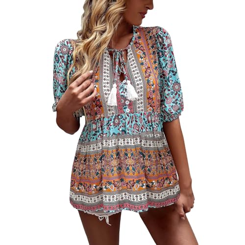 Womens Casual Boho Alicia Floral Print Smocked V Neck Long Sleeve Chiffon Tops Loose Blouses Bohemian Button Down Shirt(1C-Blue, XL)