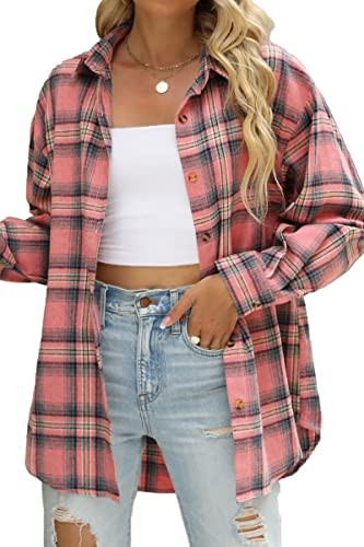 CHYRII Womens Button Down Flannel Shirts Long Sleeve Plaid Shacket Business Casual Blouse Topss Pink -7122 S