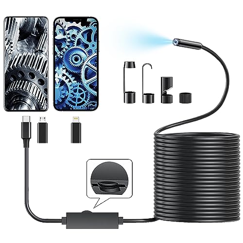 16.4ft Endoscope Camera with Light for iPhone and Android, 1920P HD IP67 Waterproof Borescope with 8 Adjustable LED Lights, Semi-Rigid Snake Camera, 7.9mm Inspection Camera