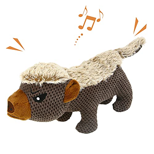 IOKHEIRA Dog Plush Toys for Aggressive Chewers, Indestructible Dog Squeaky Toys with Crinkle Paper, Durable Teething Chew Toys for Medium and Large Breed (Coffee Brown, Honey Badger)