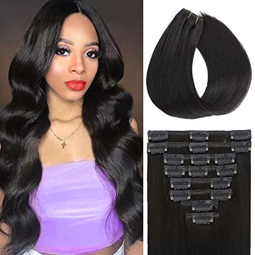 Clip in Hair Extensions Real Human Hair Straight Hair 24Inch Human Hair Extensions Brazilian Remy Human Hair Clip in Hair Extensions 8pcs with 18Clips 90g Double Weft Handmade #1b Naturl Black