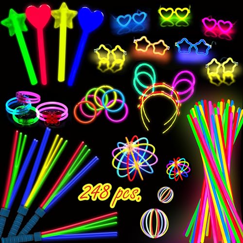 248 PCS Glow Sticks Party Pack - That Includes, 100 Pcs 8 Inch Glow sticks, 6 Pcs Glow Sticks Wands – Create Glow In The Dark Necklaces, Bracelets. Neon Light Sticks Decoration For Parties Favors Glow