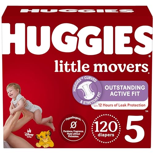 Huggies Size 5 Diapers, Little Movers Baby Diapers, Size 5 (27+ lbs), 120 Count (2 Packs of 60) Package May Vary
