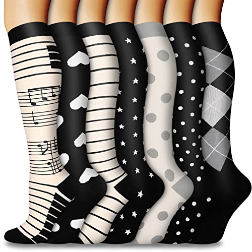 CTHH 7 Pairs Compression Socks for Women & Men Circulation Support Knee High Socks (08 Beige/Black/Grey/Piano, Small-Medium)