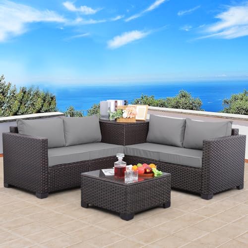 Outdoor PE Wicker Patio Furniture Set 4 Piece Dark Brown Rattan Sectional Loveseat Couch Set Conversation Sofa with Storage Box Glass Top Table and Non-Slip Grey Cushion