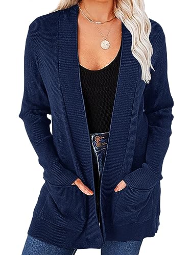 MEROKEETY Women's 2024 Fall 2024 Fall Sweaters Solid Color Casual Draped Cardigan Outwear with Pockets, Navy, Medium