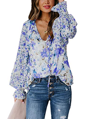 SHEWIN Women's 2024 Spring Casual Bohemian Clothes Floral Print Long Sleeve Tops Loose V Neck Button Down Shirt Flowy Peasant Blouses for Women,US 8-10(M),Floral Blue