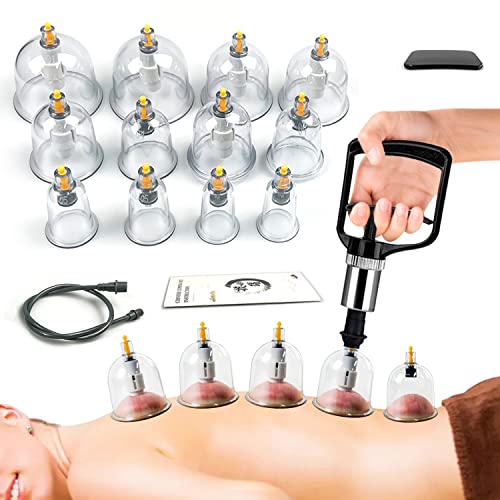 AIKOTOO Cupping Therapy Set w/ 12 Massage Cups for Back Pain Relief Physical Therapy with Hand Pump
