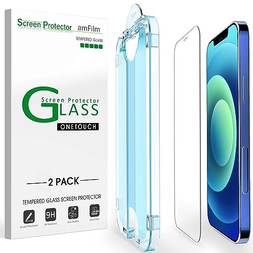 amFilm OneTouch Glass Screen Protector for iPhone 12 6.1'/ iPhone 12 Pro 6.1' with Easy Installation Kit, Tempered Glass, 2 Pack