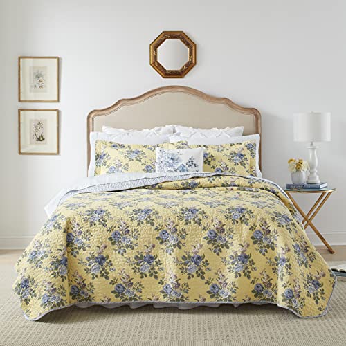 Laura Ashley Linley Collection Quilt Set-100% Cotton, Reversible, Lightweight & Breathable Bedding, Pre-Washed for Added Softness, King, Pale Yellow