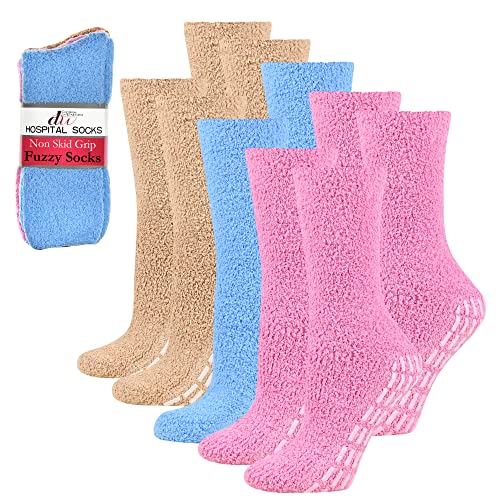 Debra Weitzner 5 Pairs Non-skid Hospital Socks Fuzzy Sleeping Socks Gripper Socks For Women Men Blk/Pnk/Bge