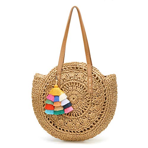 Straw Bag Round Summer Straw Large Woven Beach Bag Purse For Women Vocation Tote Handbags With Pom Poms