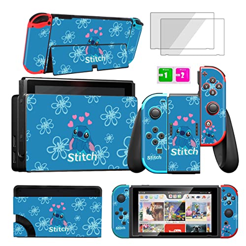 oqpa for Nintendo Switch OLED 2021 Skins Stickers for Girls Boys Kids Cute Kawaii Cartoon Character Fun Decals with Tempered Glass Screen Protector for Nintendo Switch OLED(Blue Heart Stitc)