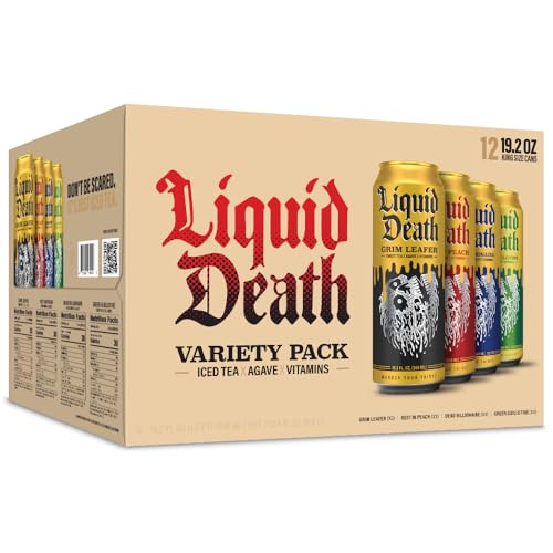 Liquid Death, Iced Tea Variety Pack (Grim Leafer, Rest in Peach, Dead Billionaire, and Green Guillotine), Tea Sweetened With Real Agave, B12 & B6 Vitamins, Low Calorie, 12-Pack (King Size 19.2oz Cans)