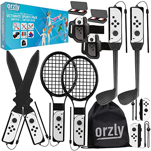 Switch Sports Games 2023 Accessories Bundle Pack for Nintendo Switch & OLED with Tennis Rackets, Golf Clubs, Chambara Swords, Soccer Leg Straps & Joycon Grips - With Carry Bag - SOLID BLACK