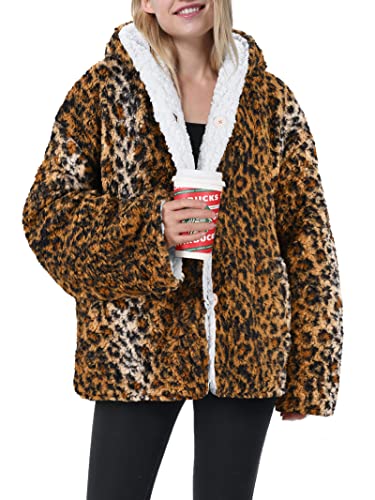 Tirrinia Leopard Sherpa Hooded Jacket for Women, Super Soft Comfy Plush Reversible Casual Winter Blanket Warm Jackets Hoodie Cheetah Sweatshirt