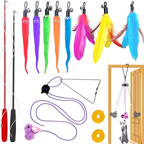 Cat Toys Interactive for Indoor Cats,2PCS Retractable Cat Wand Toys,9PCS Teaser Toys&1PCS Hanging Door Lure Cat Toy,Interactive Feather Toy for Teaser Play and Chase Exercise with Kitten
