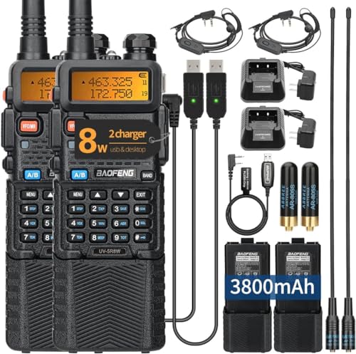BAOFENG UV-5R 8W Ham Radio Long Range UV5R Dual Band Handheld High Power 3800mAh Rechargeable Walkie Talkies Handheld Two Way Radio with Programming Cable and Earpiece Full Kit,2Pack