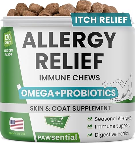 PAWSENTIAL Allergy Relief Dog Chews - Itchy Skin Relief w/Probiotics + Omega 3 + Colostrum - Seasonal Allergies - Anti-Itch Treats - Skin&Coat + Immune Supplement - Made in USA - Chicken Flavor -120Ct