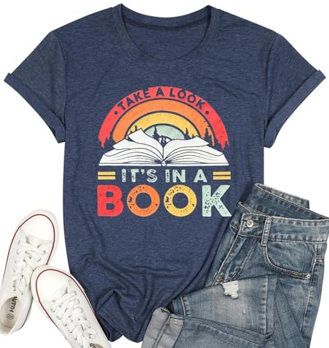 FYAPHION Reading Shirts Read Books Shirts Book Lovers Gifts Teacher Shirts for Librarian Readers Book Nerd Bookworms Dark Blue M
