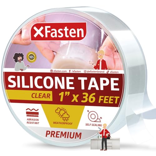 XFasten Self Fusing Silicone Tape Clear 1' X 36-Foot, Silicone Tape for Plumbing, Leak Seal Tape Waterproof, Silicone Grip Tape, Rubber Tape Thick for Pipe, Hose Repair Tape, Stop Leak Tape