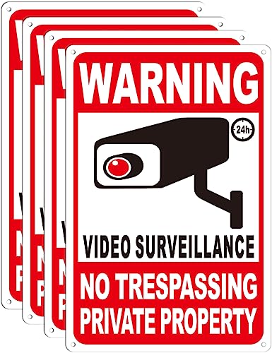 4-Pack Private Property No Trespassing Signs, 12'x8' Video Surveillance Signs Outdoor with Reflective Material, Warning Signs for Property Security and Home/Yard Camera Signs