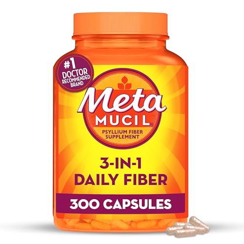 Metamucil, Daily Psyllium Husk Powder Supplement, 3-in-1 Fiber for Digestive Health, Plant Based Fiber, 300ct Capsules (Packaging May Vary)