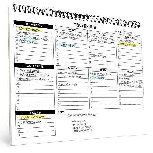 Weekly Planner To Do List Pad - 8.5x11' 52 Sheets Spiral - Desk Notepad with Multiple Sections - Undated Planning Notebook Checklist, Todo Agenda Plan