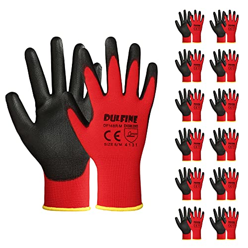 DULFINE Safety Work Gloves PU Coated-12 Pairs,Red Seamless Knit Glove with Polyurethane Coated Smooth Grip on Palm & Fingers, for Men and Women, Ideal for General Duty Work (Large)