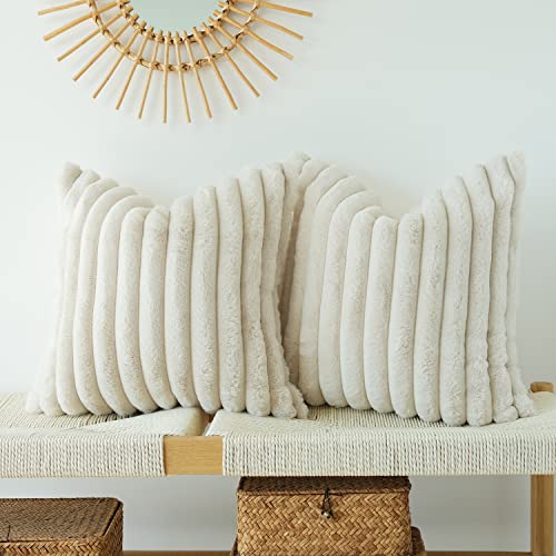 JOJUSIS Pack of 2 Faux Fur Plush Decorative Throw Pillow Covers Striped Couch Cushion Case Soft Fluffy Pillowcases(Beige, 18 x 18-Inch)