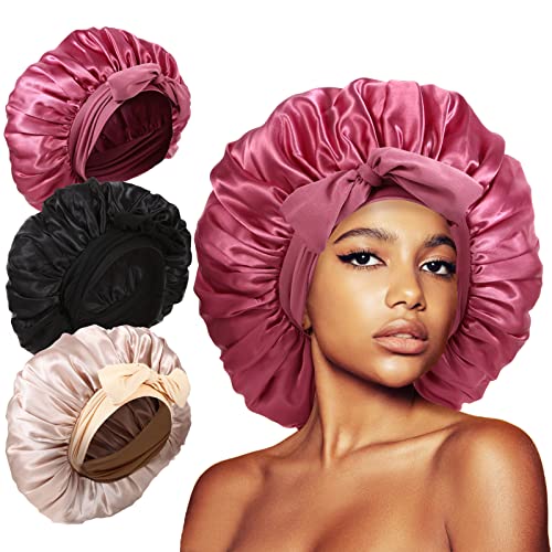 3Pcs Bonnet for Sleeping, Extra Satin Silk Bonnet for Sleeping Women with Tie Band for Curly Hair Jumbo Bonnet Braids