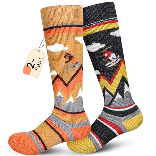 unenow Merino Wool Ski Socks Kids 2 Pairs, Winter Warm Snowboarding Thermal Socks for Boys Girls Toddlers