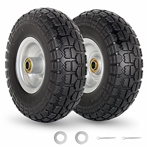 GICOOL 4.10/3.50-4' Flat Free Tire and Wheel, 10' Heavy Duty Solid Tire, 5/8' Axle Bore Hole, 2.2' Offset Hub, for Hand Truck Garden Cart Wagon Trolley Dolly Replacement Tire, 2 Pack