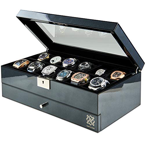 HAWK & GABLE Luxury 12 Slot Watch Box Organizer with Valet Drawer, Glass Display and Lock, Wide Compartments Fit Large Watches, Velvet Lining, Men’s Jewelry Case, Carbon Fibre Finish (Specter Valet)