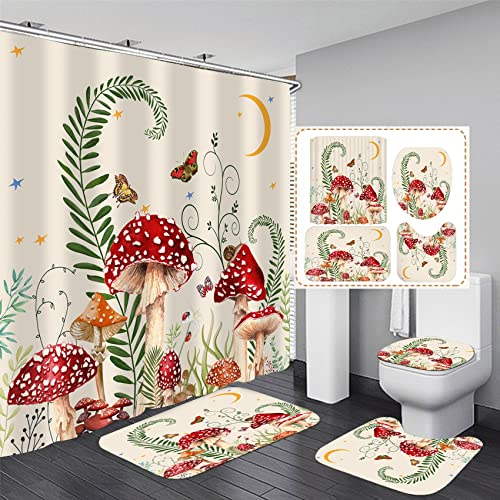 4PCS Mushroom Butterfly Flower Bathroom Shower Curtain Set with Rugs, Toilet Lid Cover and Bath Mat, Moon Stars Shower Curtain with 12 Hooks, Durable Retro Bathroom Decor Set