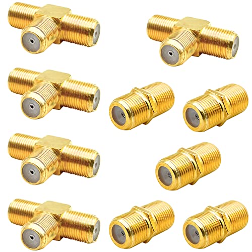 10 Pack RG6 Coax Coaxial Cable Extender and F Type RG6 Female to 2 Female 3 Way Coax Cable T Splitter Adapter, Coaxial Cable Connector T shape and Female to Female for TV Video VCR Antenna Satellite