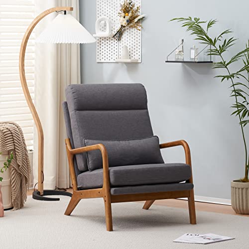 Karl home Accent Chair Mid-Century Modern Chair with Pillow High Back Upholstered Lounge Arm Chair with Solid Wood Frame & Soft Cushion for Living Room, Bedroom, Belcony, Dark Gray